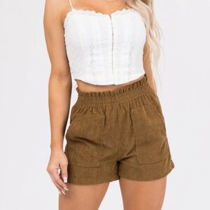 ANDTHEWHY Women's Corduroy High-Waist Elastic Waist Paperbag Shorts Tan Size L